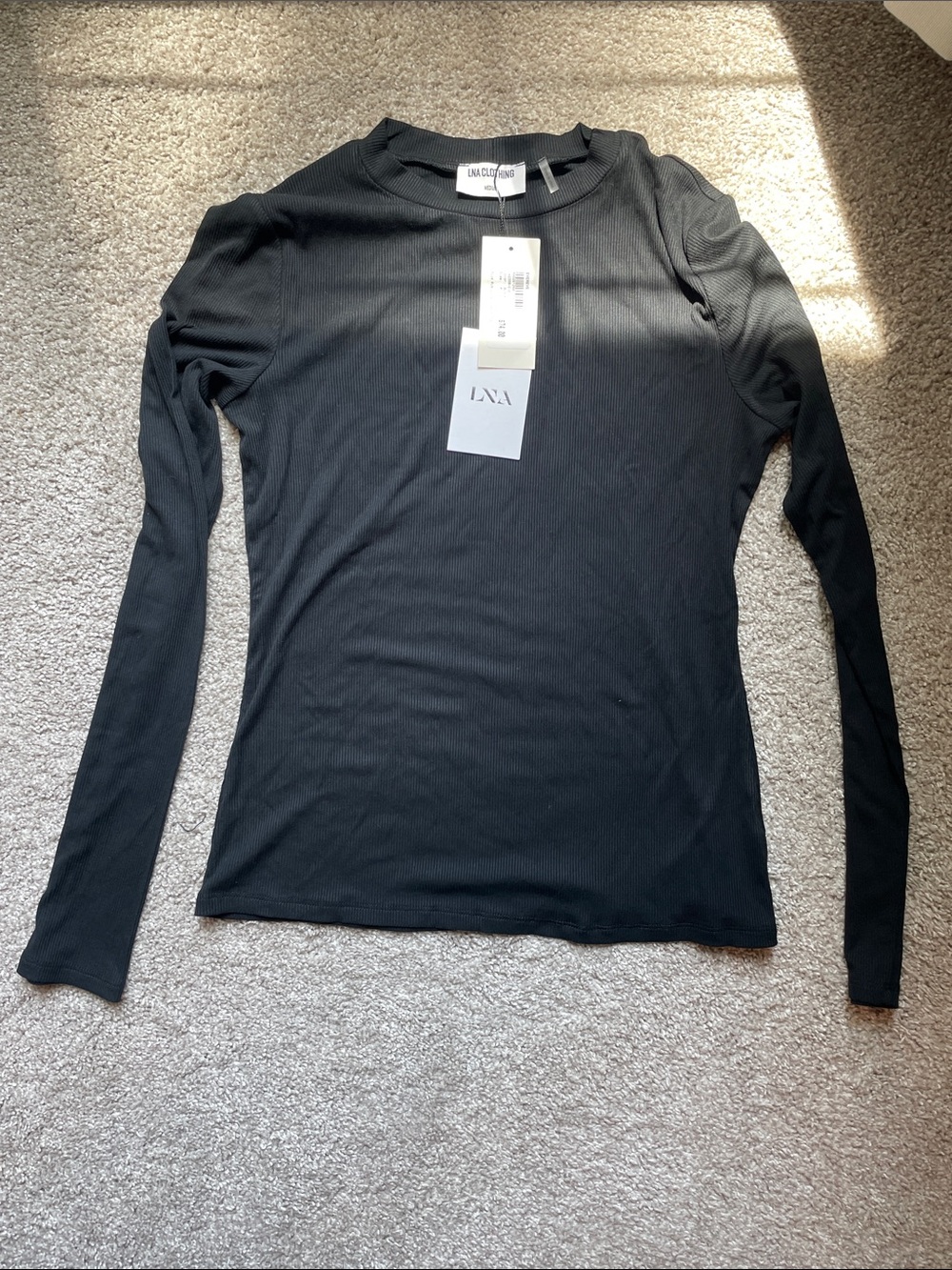 LNA Black Ribbed Long Sleeve Crewneck Top